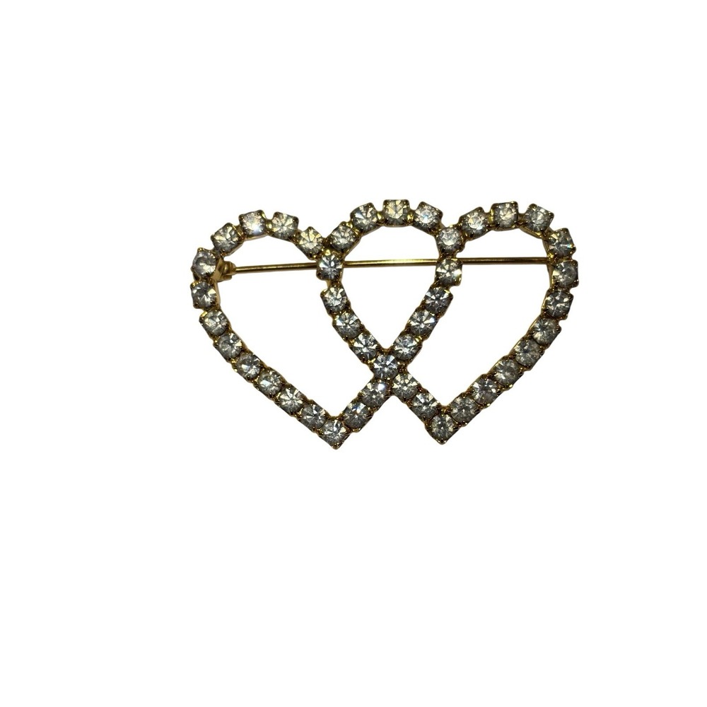 Vintage Gold Tone Elegant Rhinestone Double Interlocking Love Hearts Brooch Pin